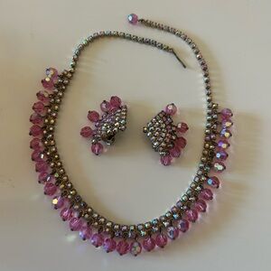 🎈SOLD🎈Vintage Retro Costume Jewelry Set Necklace Clip Earrings Pink Rhinestone